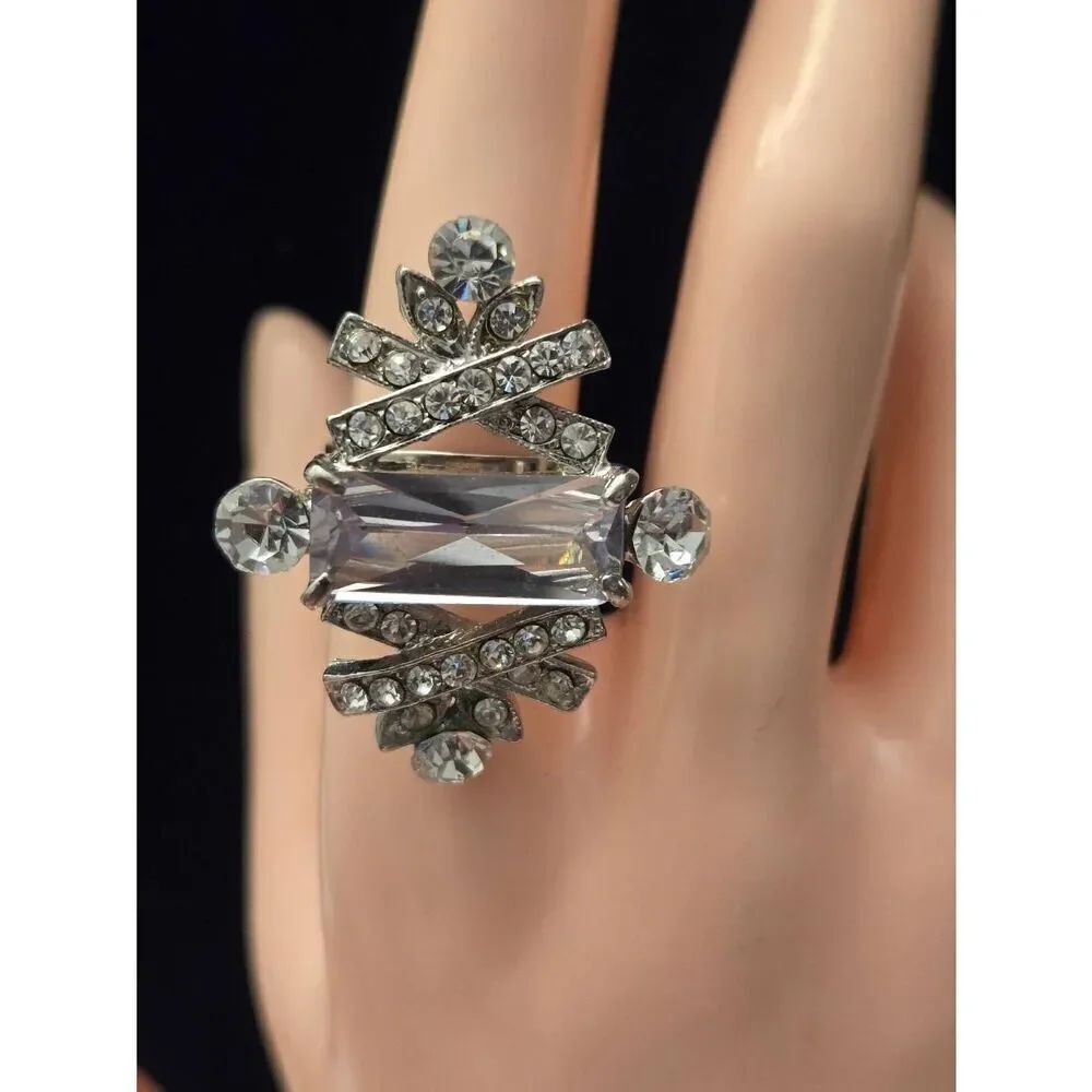 Women's Vintage Silver Tone White Rhinestone Adjustable Ring